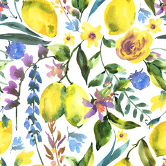 Watercolor floral seamless pattern, branch of fresh citrus fruit lemon