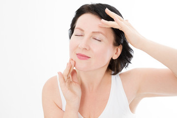 Naklejka premium Macro Woman face with wrinkles on the forehead. Collagen and face injections concept. Menopause. Cropped image. Copy space and mock up. Plastic surgery