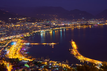                  Sea coast of Alanya, Turkey in night time.             