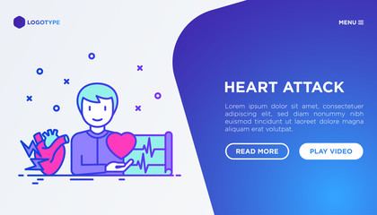 Heart attack symptoms concept: man with cardiogram and heart. Thin line icons. Vector illustration, web page template.