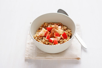 Bowl of oatmeal with apple with the spoon