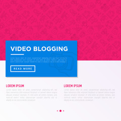 Video blogging concept with thin line icons: vlog, ASMR, mukbang, unboxing, DIY, stream game, review, collaboration, podcast, tips and tricks. Vector illustration, print media template.