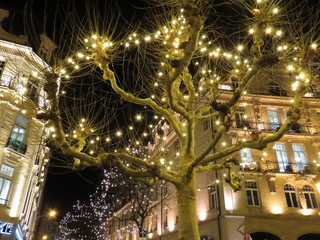 Christmas decorations in city at night