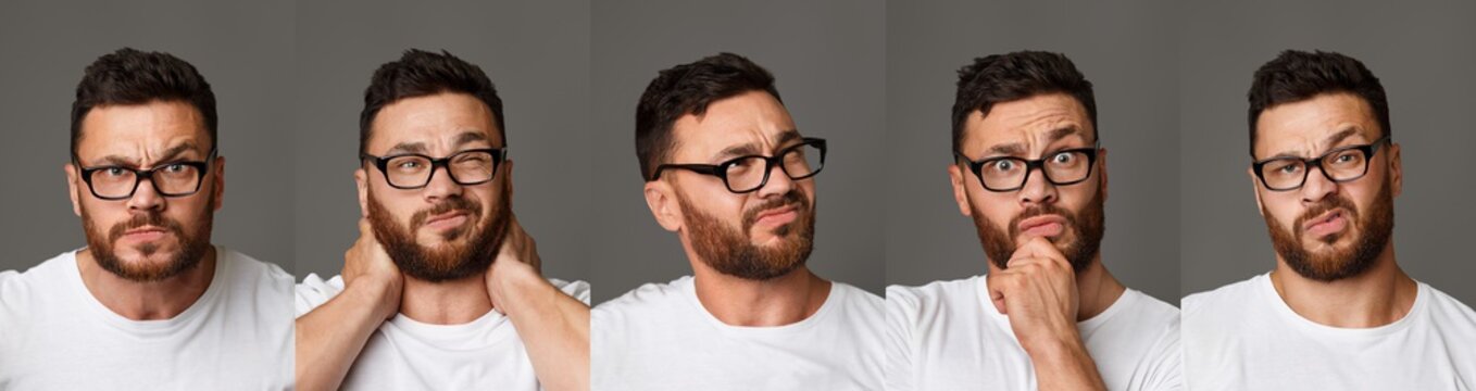 Collage of young man in glasses facial expressions