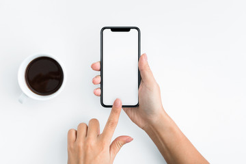 Woman using blank smartphone on white background