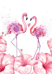 Romantic watercolor design. Couple of lovers flamingos