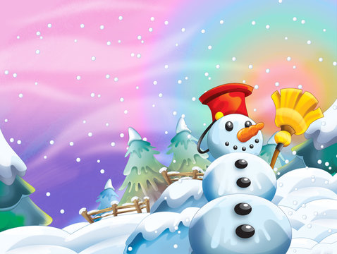 Cartoon winter nature scene with happy snowman - illustration for children
