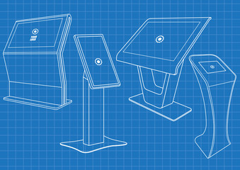 Blueprint of four Promotional Interactive Information Kiosk, Advertising Display, Terminal Stand, Touch Screen Display. Mock Up Template.