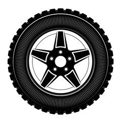 Wheels and tires are black. For a logo or emblem of a tire store or car workshop. For tire fitting.