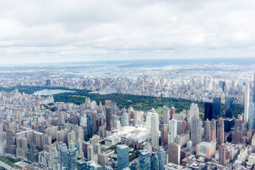 aerial view of new york city skyscrapers and cloudy sky, usa