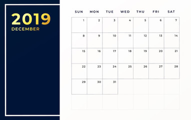 December 2019 schedule template. Week starts on sunday empty calendar month.