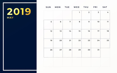 May 2019 schedule template. Week starts on sunday empty calendar month.