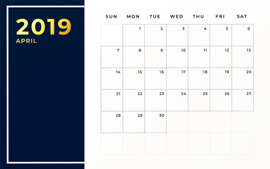 April 2019 schedule template. Week starts on sunday empty calendar month.