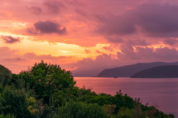 Beautiful purple sunset on Elba Island. Tuscany, Italy