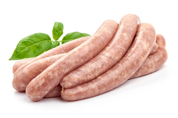 Raw Homemade Sausage with basil leaf, close-up, isolated on white background