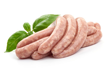 Raw Pork Sausages with basil leaf, close-up, isolated on white background