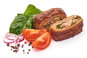 Homemade Baked Meatloaf with herbs, tomatoes and spices, isolated on white background. Close-up