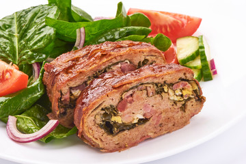 German meatloaf, Traditional pork and beef meat loaf bound with boiled eggs, Close-up