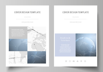 The vector illustration of the editable layout of A4 format covers design templates for brochure, magazine, flyer, booklet, report. World globe on blue. Global network connections, lines and dots.