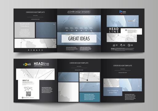 The black colored minimalistic vector illustration of the editable layout. Two creative covers design templates for square brochure. World globe on blue. Global network connections, lines and dots.
