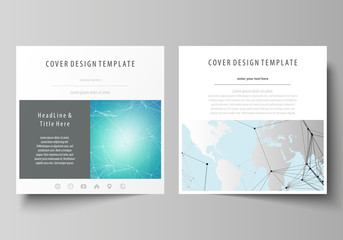 The minimalistic vector illustration of the editable layout of two square format covers design templates for brochure, flyer, booklet. Futuristic high tech background, dig data technology concept.