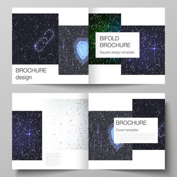 The vector layout of two covers templates for square design bifold brochure, magazine, flyer, booklet. Binary code background. AI, big data, coding or hacker concept, digital technology background.