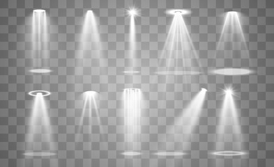 Stage lighting, a collection of transparent effects. Bright lighting with spotlights. Vector illustration.
