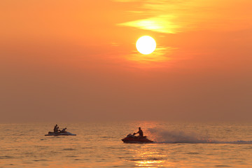Jet skiing in the evening in the Bay of Bengal in the vicinity of Pattaya