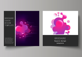 The minimal vector layout of two square format covers design templates for brochure, flyer, magazine. Black background with fluid gradient, liquid pink colored geometric element.