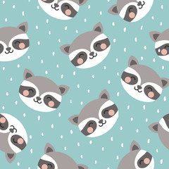 raccoon cute seamless pattern, cartoon background, vector illustration