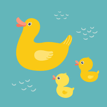 Cartoon mother duck swimming in the pond with ducklings. Rubber duck family swimming in the bath. Mothers Day concept. Baby shower design. Clipart eps 10 illustration isolated on white background.