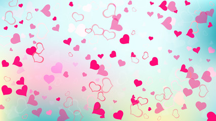 Red hearts of confetti are falling. Spring background. A sample of wallpaper design, textiles, packaging, printing, holiday invitation for birthday. Red on Gradient fond Vector.