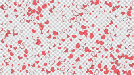 Red on Transparent fond Vector. Light background. Design element for wallpaper, textiles, packaging, printing, holiday invitation for wedding. Red hearts of confetti are falling.