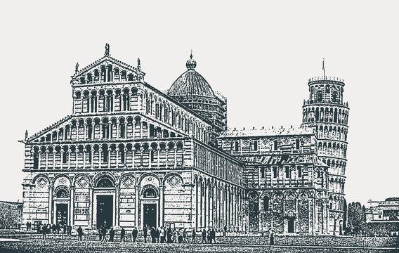 Vector image of the architectural ensemble of the Pisa Cathedral and the Leaning Tower in Pisa, Tuscany, Italy
