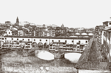Fototapeta premium View of the famous Ponte Vecchio bridge over the Arno River in the city of Florence, Tuscany, Italy