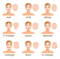 An example of contouring a face of various shapes. Makeup tips. How to contour and highlight different types of faces. Vector illustration.