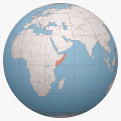 Somalia on the globe. Earth hemisphere centered at the location of the Federal Republic of Somalia. Somalia map.