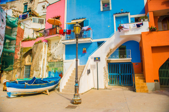Procida, Italy-August 18, 2016: Overview of Porto Corricella in Procida Island, Italy