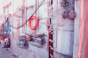 Fishing gear for sale. Portugal. Toned photo.