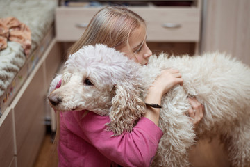 Teenager girl and a big dog - royal poodle.