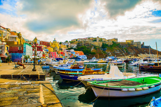 Procida, Italy-August 18, 2016: Overview of Porto Corricella in Procida Island, Italy