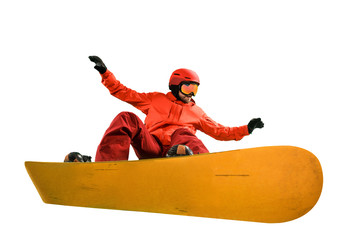 Portrait of young man in sportswear with snowboard isolated on a white studio background. The...
