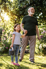 Old man with his granddaughter in sunny backyard