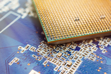 Computer processor on computer board. Close up.