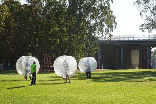 Bubble bump. Team game outdoor. Fun for teenagers