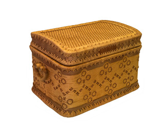 Chest made of birch bark on a white background isolated, russian folk arts and crafts. Russia,