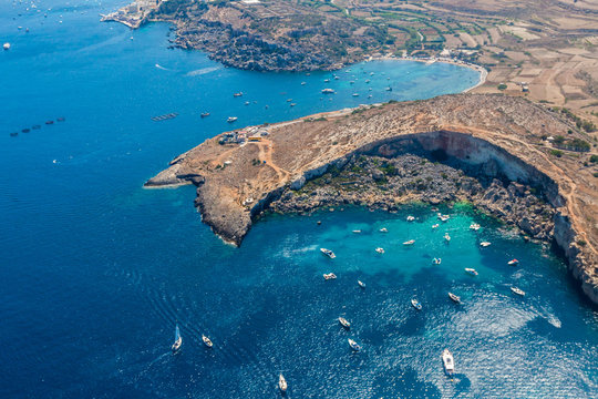 Mistra Bay, Xemxija, western part of St. Paul's Bay, Northern Region, Malta. Aerial view.