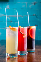 set of Classic alcoholic cocktails on bar counter in pup or restaurant
