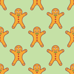 Seamless pattern with gingerbread man on green background. Vector texture.