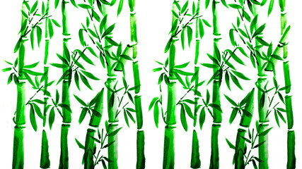 Hand drawn green bamboo leaves and branch set, ink painting. Traditional dry calligraphic brush painting. (isolated on white background)
